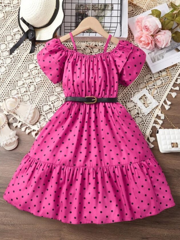 Girls Polka Dot Cold Shoulder Ruffle Hem Dress