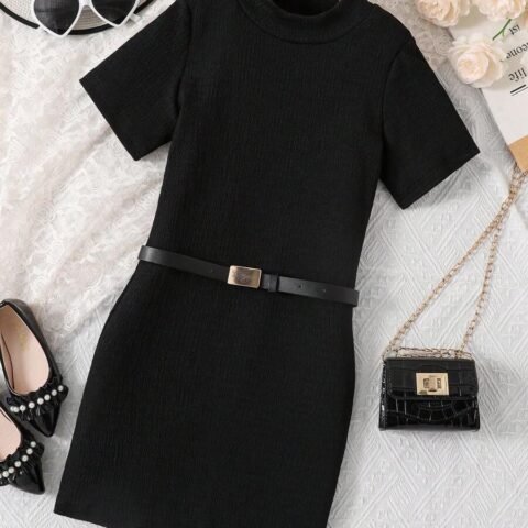 Girls Solid Mock Neck Ribbed Knit Dress With Belt