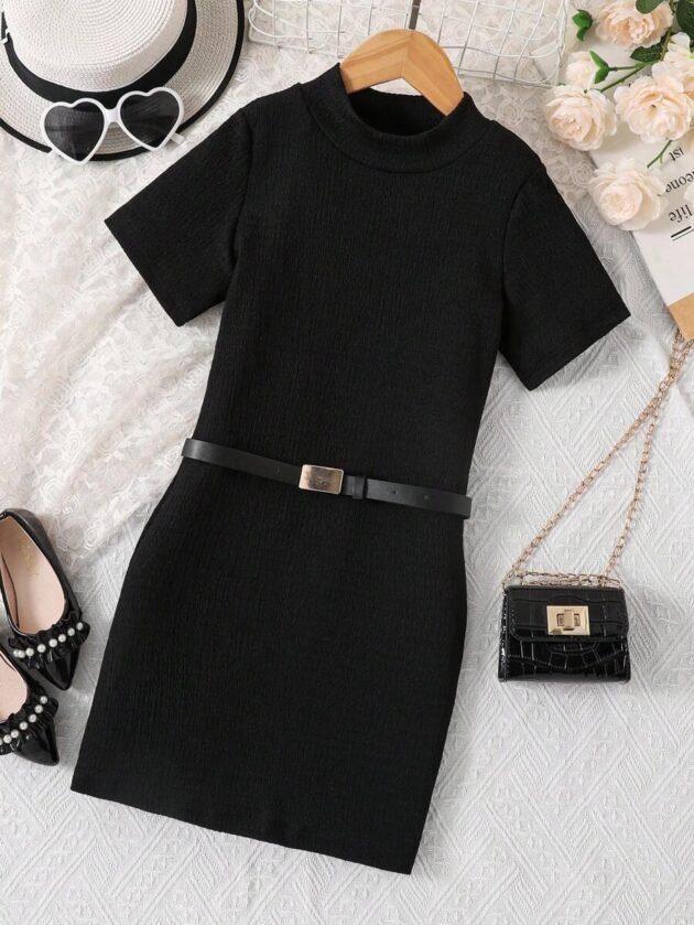 Girls Solid Mock Neck Ribbed Knit Dress With Belt
