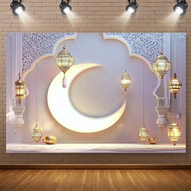 1pc, Elegant Golden Moon Background, Polyester Fabric, Fashionable Theme, Horizontal Direction, Suitable For Theme Party Decoration, Seasonal Gatherings, And Holiday Events